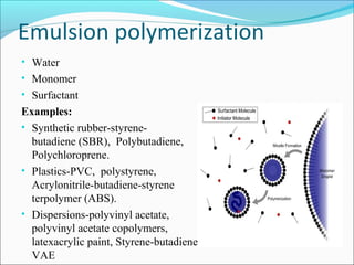 Emulsion polymerization
• Water
• Monomer
• Surfactant
Examples:
• Synthetic rubber-styrene-
  butadiene (SBR), Polybutadiene,
  Polychloroprene.
• Plastics-PVC, polystyrene,
  Acrylonitrile-butadiene-styrene
  terpolymer (ABS).
• Dispersions-polyvinyl acetate,
  polyvinyl acetate copolymers,
  latexacrylic paint, Styrene-butadiene,
  VAE
 