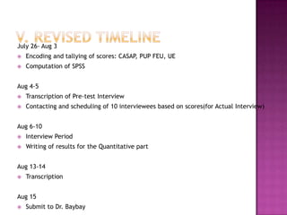 July 26- Aug 3
   Encoding and tallying of scores: CASAP, PUP FEU, UE
   Computation of SPSS


Aug 4-5
   Transcription of Pre-test Interview
   Contacting and scheduling of 10 interviewees based on scores(for Actual Interview)


Aug 6-10
   Interview Period
   Writing of results for the Quantitative part


Aug 13-14
   Transcription


Aug 15
   Submit to Dr. Baybay
 