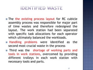  The the existing process layout for RC cubicle
assembly process was responsible for major part
of time wastes and therefore redesigned the
layout. The work station had been separated
with specific task allocations for each operator
which ultimately balanced the workloads.
 Handling problems were identified as the
second most crucial waste in the process
 Third was the shortage of working parts and
tools in work stations, overcomed by providing
different trolleys in each work station with
necessary tools and parts.
17
 