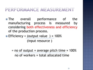  The overall performance of the
manufacturing process is measured by
considering both effectiveness and efficiency
of the production process.
 Efficiency = (output value ) × 100%
(input resource )
= no of output × average pitch time × 100%
no of workers × total allocated time
21
 