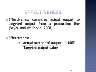  Effectiveness compares actual output to
targeted output from a production line
(Bayou and de Korvin, 2008).
 Effectiveness
= Actual number of output × 100%
Targeted output value
22
 
