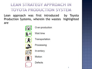 Lean approach was first introduced by Toyota
Production Systems, wherein the wastes highlighted
are
3
 