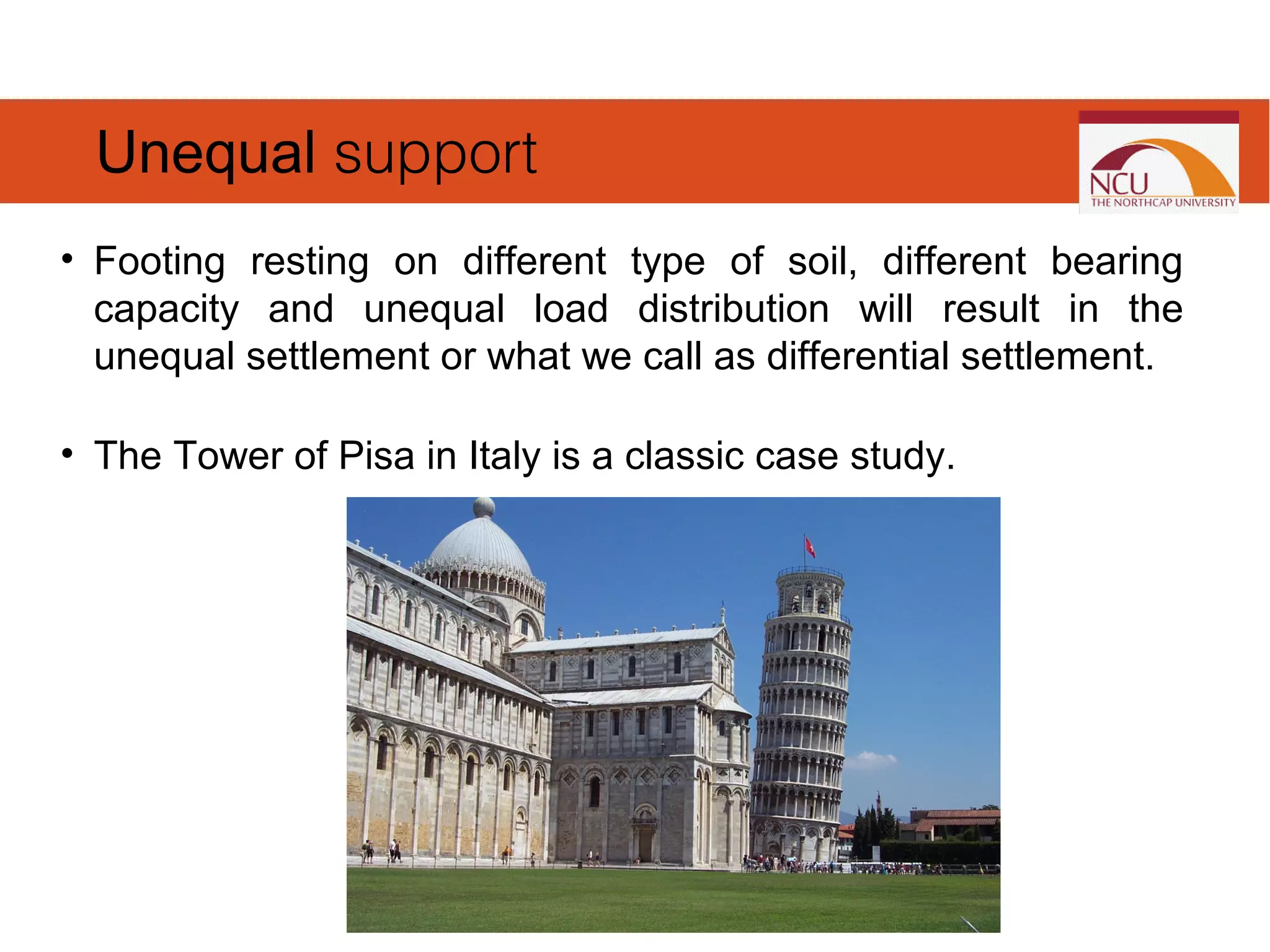 • Footing resting on different type of soil, different bearing
capacity and unequal load distribution will result in the
unequal settlement or what we call as differential settlement.
• The Tower of Pisa in Italy is a classic case study.
Unequal support
 