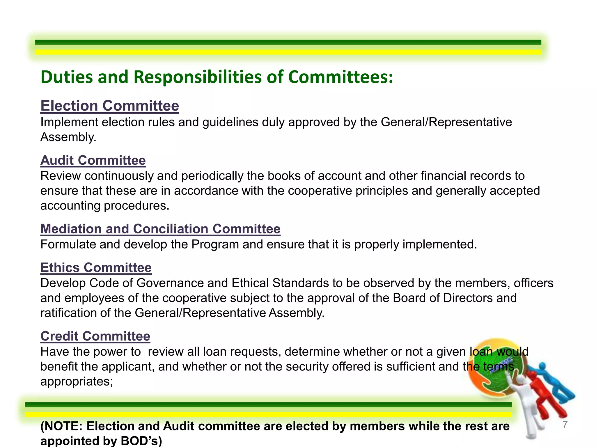 Duties and Responsibilities of Committees:
Election Committee
Implement election rules and guidelines duly approved by the General/Representative
Assembly.
Audit Committee
Review continuously and periodically the books of account and other financial records to
ensure that these are in accordance with the cooperative principles and generally accepted
accounting procedures.
Mediation and Conciliation Committee
Formulate and develop the Program and ensure that it is properly implemented.
Ethics Committee
Develop Code of Governance and Ethical Standards to be observed by the members, officers
and employees of the cooperative subject to the approval of the Board of Directors and
ratification of the General/Representative Assembly.
Credit Committee
Have the power to review all loan requests, determine whether or not a given loan would
benefit the applicant, and whether or not the security offered is sufficient and the terms
appropriates;


(NOTE: Election and Audit committee are elected by members while the rest are                7
appointed by BOD’s)
 