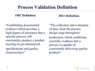 Process Validation Definition 1987 Definition  “ Establishing documented evidence which provides a high degree of assurance that a specific process will consistently produce a product meeting its pre-determined specifications and quality characteristics” 2011 Definition  “ The collection and evaluation of data, from the process design stage throughout production, which establishes scientific evidence that a process is capable of consistently delivering quality products” 