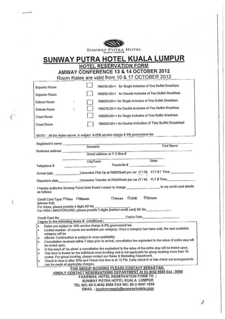 HOTEL RESERVATION FORM:  AMWAY CONFERENCE 13 & 14 Oct 2012(Sunway Putra Hotel)