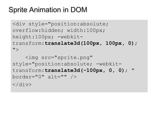 Sprite Animation in DOM
 <div style="position:absolute;
 overflow:hidden; width:100px;
 height:100px; -webkit-
 transform:translate3d(100px, 100px, 0);
 ">
     <img src="sprite.png"
 style="position:absolute; -webkit-
 transform:translate3d(-100px, 0, 0); "
 border="0" alt="" />
 </div>
 