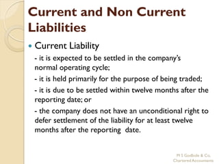 Current and Non Current
Liabilities
   Current Liability
    - it is expected to be settled in the company’s
    normal operating cycle;
    - it is held primarily for the purpose of being traded;
    - it is due to be settled within twelve months after the
    reporting date; or
    - the company does not have an unconditional right to
    defer settlement of the liability for at least twelve
    months after the reporting date.


                                                 M S Godbole & Co,
                                                Chartered Accountants
 