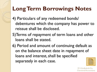 Long Term Borrowings Notes
4) Particulars of any redeemed bonds/
  debentures which the company has power to
  reissue shall be disclosed.
5)Terms of repayment of term loans and other
  loans shall be stated.
6) Period and amount of continuing default as
  on the balance sheet date in repayment of
  loans and interest, shall be specified
  separately in each case.
                                   M S Godbole & Co,
                                   Chartered Accountants
 