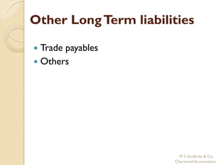 Other Long Term liabilities

 Trade payables
 Others




                         M S Godbole & Co,
                       Chartered Accountants
 