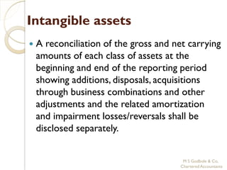 Intangible assets
   A reconciliation of the gross and net carrying
    amounts of each class of assets at the
    beginning and end of the reporting period
    showing additions, disposals, acquisitions
    through business combinations and other
    adjustments and the related amortization
    and impairment losses/reversals shall be
    disclosed separately.


                                         M S Godbole & Co,
                                        Chartered Accountants
 