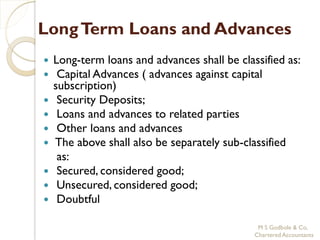 Long Term Loans and Advances
   Long-term loans and advances shall be classified as:
    Capital Advances ( advances against capital
    subscription)
    Security Deposits;
    Loans and advances to related parties
    Other loans and advances
   The above shall also be separately sub-classified
     as:
    Secured, considered good;
    Unsecured, considered good;
    Doubtful

                                               M S Godbole & Co,
                                              Chartered Accountants
 