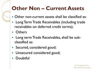 Other Non – Current Assets
   Other non-current assets shall be classified as:
    Long Term Trade Receivables (including trade
    receivables on deferred credit terms);
    Others
    Long term Trade Receivables, shall be sub-
    classified as:
    Secured, considered good;
    Unsecured considered good;
    Doubtful
                                            M S Godbole & Co,
                                           Chartered Accountants
 