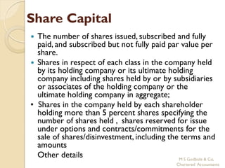 Share Capital
 The number of shares issued, subscribed and fully
  paid, and subscribed but not fully paid par value per
  share.
 Shares in respect of each class in the company held
  by its holding company or its ultimate holding
  company including shares held by or by subsidiaries
  or associates of the holding company or the
  ultimate holding company in aggregate;
• Shares in the company held by each shareholder
  holding more than 5 percent shares specifying the
  number of shares held , shares reserved for issue
  under options and contracts/commitments for the
  sale of shares/disinvestment, including the terms and
  amounts
  Other details                              M S Godbole & Co,
                                                 Chartered Accountants
 
