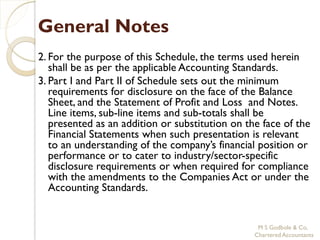 General Notes
2. For the purpose of this Schedule, the terms used herein
   shall be as per the applicable Accounting Standards.
3. Part I and Part II of Schedule sets out the minimum
   requirements for disclosure on the face of the Balance
   Sheet, and the Statement of Profit and Loss and Notes.
   Line items, sub-line items and sub-totals shall be
   presented as an addition or substitution on the face of the
   Financial Statements when such presentation is relevant
   to an understanding of the company’s financial position or
   performance or to cater to industry/sector-specific
   disclosure requirements or when required for compliance
   with the amendments to the Companies Act or under the
   Accounting Standards.


                                                  M S Godbole & Co,
                                                 Chartered Accountants
 