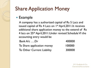 Share Application Money
   Example
    A company has a authorized capital of Rs 5 Lacs and
    issued capital of Rs 4 Lacs on 1st April,2011.It receives
    additional share application money to the extend of Rs
    4 lacs on 25th April,2011.Under revised Schedule VI the
    accounting entry would be
     Bank A/c ….Dr                           400000
    To Share application money              100000
    To Other Current Liability               300000



                                                 M S Godbole & Co,
                                                Chartered Accountants
 