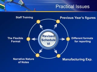 Practical Issues

      Staff Training              Previous Year’s figures




                       Revised
The Flexible                             Different formats
  Format               Schedule            for reporting
                          VI



    Narrative Nature               Manufacturing Exp.
        of Notes
 
