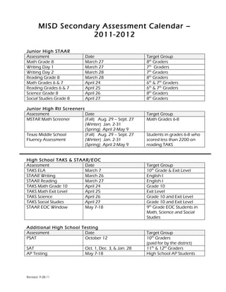 Revised secondary assess windows 11 12 with state test date
