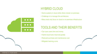 © 2019 IDERA, Inc. All rights reserved.
© 2022 Idera, Inc. All rights reserved.
HYBRID CLOUD
• Some systems in cloud while others remain on-premises
• Challenge is to manage this architecture
• Many tools only focus on cloud or on-premises infrastructure
TOOLS AND THEIR BENEFITS
• Can save users time and money
• Hybrid cloud tools improved greatly
• Reduced purchase and maintenance cost
• Mitigated learning curve
 