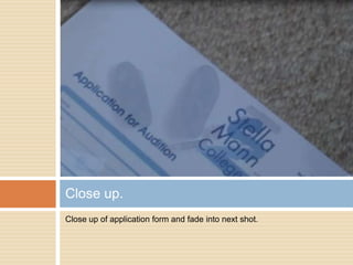 Close up of application form and fade into next shot.Close up.