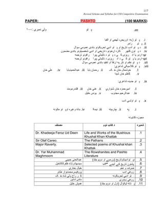 117
Revised Scheme and Syllabus for CSS Competitive Examination
PAPER: PASHTO (100 MARKS)
‫ﭘﯧﭙﺮ‬‫ﺘﻮ‬ ‫ﭘ‬: ‫ﻧﻤﺒﺮې‬ ‫ﻮﻟﯥ‬١٠٠
i.‫اور‬ :‫ژﺑﮫ‬ ‫ﺘﻮ‬ ‫ﭘ‬‫اﻟﻔﺒﺎ‬ ‫او‬ ‫ﻟﮭﺠﯥ‬ ،‫ﯾﺠﻦ‬
ii.‫ﺮاﻣﺮ‬ ‫ﺘﻮ‬ ‫ﭘ‬
iii.‫ﺳﻮال‬ ‫ﻋﻤﻮﻣﻲ‬ ‫ﺑﺎﻧﺪې‬ ‫ﺗﺤﺮﯾﮑﻮﻧﻮ‬ ‫ادﺑﻲ‬ ‫ﺘﻮ‬ ‫ﭘ‬ ‫او‬ ‫ﺗﺎرﯾﺦ‬ ‫ادب‬ ‫ﺘﻮ‬ ‫ﭘ‬ ‫د‬
iv.‫ﻣﻀﻤﻮن‬ ‫ﺑﺎﻧﺪې‬ ‫ﺷﺨﺼﯿﺘﻮﻧﻮ‬ ‫ادﺑﻲ‬ ‫او‬ ‫ﺗﺎرﯾﺨﻲ‬ ،‫اړﺧﻮﻧﻮ‬ ‫ﮑﺎره‬ ‫ﮐﻠﭽﺮ‬ ‫ﺘﻮن‬ ‫ﭘ‬ ‫د‬
v.‫ﺗﺮﺟﻤﮫ‬ ‫ﺮاﻓﻮﻧﻮ‬ ‫ﭘﯧﺮا‬ ‫ﻧﺎﻟﯿﺪﻟﻲ‬ ‫د‬ ‫ﺘﻮ‬ ‫ﭘ‬ ‫د‬ ‫ﯥ‬ ‫ﮐ‬ ‫ﺮﯦﺰۍ‬ ‫اﻧ‬ ‫ﯾﺎ‬ ‫اردو‬ ‫ﭘﮫ‬
vi.‫ﺮاﻓ‬ ‫ﭘﯧﺮا‬ ‫ﻧﺎﻟﯿﺪﻟﻲ‬ ‫د‬ ‫ﺮﯦﺰۍ‬ ‫اﻧ‬ ‫د‬ ‫ﯥ‬ ‫ﮐ‬ ‫ﺘﻮ‬ ‫ﭘ‬ ‫ﯾﺎ‬ ‫اردو‬ ‫ﭘﮫ‬‫ﺗﺮﺟﻤﮫ‬ ‫ﻮﻧﻮ‬
vii.‫ﺳﻮال‬ ‫ﻋﻤﻮﻣﻲ‬ ‫ﺑﺎﻧﺪې‬ ‫ﺗﻨﻘﯿﺪ‬ ‫او‬ ‫ارﺗﻘﺎ‬ ‫ﭘﮫ‬ ‫ﻧﺜﺮ‬ ‫او‬ ‫ﻧﻈﻢ‬ ‫ﺘﻮ‬ ‫ﭘ‬ ‫د‬
viii.:‫ﺷﺎﻋﺮي‬ ‫ﮐﻼﺳﯿﮑﻲ‬ ‫ﺘﻮ‬ ‫ﭘ‬
I.‫ﮏ‬ ‫ﺧ‬ ‫ﺧﺎن‬ ‫ﺧﻮﺷﺤﺎل‬.ii‫ﺑﺎﺑﺎ‬ ‫رﺣﻤﺎن‬.iii‫ﻋﺒﺪاﻟﺤﻤﯿﺪﺑﺎﺑﺎ‬.iv‫ﺧﺎن‬ ‫ﻋﻠﻲ‬
.v‫ﺷﯧﺪا‬ ‫ﺧﺎن‬ ‫ﮐﺎﻇﻢ‬
ix.:‫ﺷﺎﻋﺮي‬ ‫ﺟﺪﯾﺪه‬ ‫ﺘﻮ‬ ‫ﭘ‬
I.‫ﺷﻨﻮاري‬ ‫ﺧﺎن‬ ‫اﻣﯿﺮﺣﻤﺰه‬.ii‫ﺧﺎن‬ ‫ﻏﻨﻲ‬.iii‫ﻗﻠﻨﺪرﻣﻮﻣﻨﺪ‬
.iv‫ﻣﺠﺬوب‬ ‫ﻋﺒﺪاﻟﺮﺣﯿﻢ‬.v‫ﺧﻠﯿﻞ‬ ‫ﯾﻮﻧﺲ‬
x.‫ادب‬ ‫اوﻟﺴﻲ‬ ‫ﺘﻮ‬ ‫ﭘ‬
i.‫ﭙﮫ‬.ii‫ﭼﺎرﺑﯧﺘﮫ‬.iii‫ﻧﯿﻤﮑ‬.iv‫ﻣﺘﻠﻮﻧﮫ‬ ‫ﺘﻮ‬ ‫اوﭘ‬ ‫وﻏﯧﺮه‬ ‫ﺑﺪﻟﮫ‬
‫ﮐﺘﺎﺑﻮﻧﮫ‬ ‫ﻣﺠﻮزه‬
‫ﺷﻤﯧﺮه‬‫ﻧﻮم‬ ‫ﮐﺘﺎب‬ ‫د‬‫ﻣﺼﻨﻒ‬
.1Life and Works of the Illustrious
Khushal Khan Khattak
Dr. Khadeeja Feroz Ud Deen
.2The PathansSir Olaf Careo.
.3Selected poems of Khushal khan
Khattak
Major Raverty.
.4The Rowshanites and Pashto
Literature
Dr. Yar Muhammad
Maghmoom
5.‫او‬ ‫)وړﻣﺒﮯ‬ ‫ﺘﻮادﺑﯿﺎﺗﻮﺗﺎرﯾﺦ‬ ‫دﭘ‬(‫ﺟﻠﺪ‬ ‫دوﯦﻢ‬‫ﺣﺒﯿﺒﻲ‬ ‫ﻋﺒﺪاﻟﺤﺌﻰ‬
6.‫آﺋﯿﻨﮯ‬ ‫ﮐﮯ‬ ‫ﺗﺎرﯾﺦ‬ ‫ﭘﺸﺘﻮن‬‫ﺳﯿﺪ‬‫ﻇﻔﺮﮐﺎﮐﺎﺧﯧﻞ‬ ‫ﺑﮭﺎدرﺷﺎه‬
7.‫ﻧﺤﻮ‬ ‫و‬ ‫ﺻﺮف‬‫ﺑﺨﺎري‬ ‫ﺧﯿﺎل‬
8.‫ادب‬ ‫روھﻲ‬‫ﻃﺎﺋﺮ‬ ‫ﭘﺮوﻓﯧﺴﺮﻣﺤﻤﺪﻧﻮاز‬
9.‫ﺗﺤﺮﯾﮑﻮﻧﮫ‬ ‫ادﺑﻲ‬ ‫ﺘﻮ‬ ‫ﭘ‬‫ﮏ‬ ‫ﺧ‬ ‫ﺷﺎه‬ ‫وﻟﻲ‬ ‫راج‬ ‫ﺮ‬ ‫ډاﮐ‬
0.1‫ﺳﻨﺪرې‬ ‫روھﻲ‬ٰ‫ﻤ‬‫ﺳﻠ‬‫ﺷﺎﮨﯿﻦ‬ ‫ﯽ‬
1.1(‫ﺟﻠﺪ‬ ‫دوﯦﻢ‬ ‫او‬ ‫)اول‬ ‫ﻟﯿﮑﻮال‬ ‫ﺘﺎﻧﮥ‬ ‫ﭘ‬‫ﺧﻠﯿﻞ‬ ‫ھﻤﯧﺶ‬
 