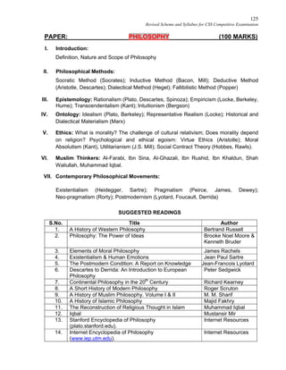 125
Revised Scheme and Syllabus for CSS Competitive Examination
PAPER: PHILOSOPHY (100 MARKS)
I. Introduction:
Definition, Nature and Scope of Philosophy
II. Philosophical Methods:
Socratic Method (Socrates); Inductive Method (Bacon, Mill); Deductive Method
(Aristotle, Descartes); Dialectical Method (Hegel); Fallibilistic Method (Popper)
III. Epistemology: Rationalism (Plato, Descartes, Spinoza); Empiricism (Locke, Berkeley,
Hume); Transcendentalism (Kant); Intuitionism (Bergson)
IV. Ontology: Idealism (Plato, Berkeley); Representative Realism (Locke); Historical and
Dialectical Materialism (Marx)
V. Ethics: What is morality? The challenge of cultural relativism; Does morality depend
on religion? Psychological and ethical egoism: Virtue Ethics (Aristotle); Moral
Absolutism (Kant), Utilitarianism (J.S. Mill); Social Contract Theory (Hobbes, Rawls).
VI. Muslim Thinkers: Al-Farabi, Ibn Sina, Al-Ghazali, Ibn Rushid, Ibn Khaldun, Shah
Waliullah, Muhammad Iqbal.
VII. Contemporary Philosophical Movements:
Existentialism (Heidegger, Sartre); Pragmatism (Peirce, James, Dewey);
Neo-pragmatism (Rorty); Postmodernism (Lyotard, Foucault, Derrida)
SUGGESTED READINGS
S.No. Title Author
1. A History of Western Philosophy Bertrand Russell
2. Philosophy: The Power of Ideas Brooke Noel Moore &
Kenneth Bruder
3. Elements of Moral Philosophy James Rachels
4. Existentialism & Human Emotions Jean Paul Sartre
5. The Postmodern Condition: A Report on Knowledge Jean-Francois Lyotard
6. Descartes to Derrida: An Introduction to European
Philosophy
Peter Sedgwick
7. Continental Philosophy in the 20th
Century Richard Kearney
8. A Short History of Modern Philosophy Roger Scruton
9. A History of Muslim Philosophy. Volume I & II M. M. Sharif
10. A History of Islamic Philosophy Majid Fakhry
11. The Reconstruction of Religious Thought in Islam Muhammad Iqbal
12. Iqbal Mustansir Mir
13. Stanford Encyclopedia of Philosophy
(plato.stanford.edu).
Internet Resources
14. Internet Encyclopedia of Philosophy
(www.iep.utm.edu).
Internet Resources
 