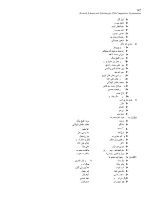 142
Revised Scheme and Syllabus for CSS Competitive Examination
‫ﮔﻞ‬ ‫اﯾﺎز‬
‫ﺑﯿﻮس‬ ‫ﺗﺎﺟﻞ‬
‫ﺗﺒﺴﻢ‬ ‫ﻋﺒﺪاﻟﻐﻔﺎر‬
‫ﺳﻮﻣﺮو‬ ‫ادل‬
‫ﺳﻮﻣﺮو‬ ‫ﻧﺼﯿﺮ‬
‫ﭼﻨ‬ ‫ﭘﺮﯾﺖ‬ ‫رﺧﺴﺎﻧﺎ‬
‫ھﯿﺴﺒﺎﭨﻲ‬ ‫ﻣﺎھﯿﻦ‬
8.‫ﻧﮕﺎر‬ ‫ﻧﺜﺮ‬ ‫ﺳﻨﮅي‬
‫ﭜﯿﺮوﻣﻞ‬ ‫ﻮ‬ ‫ﺎ‬
‫ﮔﺮﺑﺨ‬ ‫ﻣﻮﻟﭽﻨﺪ‬ ‫ھﻮﺗﭽﻨﺪ‬‫ﺸﺎﭨﻲ‬
‫ﺷﺎھﮫ‬ ‫ﻣﺤﻤﺪ‬ ‫ﻣﯿﺮان‬
‫ﺑﯿﮓ‬ ‫ﻗﻠﯿﭻ‬ ‫ﻣﺮزا‬
‫ﻮ‬ ‫ﭘﻮ‬ ‫داﺋﻮد‬ ‫ﺑﻦ‬ ‫ﻋﻤﺮ‬ ‫ﺮ‬ ‫ڊا‬
‫راﺷﺪي‬ ‫ﻣﺤﻤﺪ‬ ‫ﻋﻠﻲ‬ ‫ﭘﯿﺮ‬
‫راﺷﺪي‬ ‫اﻟﺪﯾﻦ‬ ‫ﺣﺴﺎم‬ ‫ﭘﯿﺮ‬
‫ﺳﯿﺪ‬ ‫اﯾﻢ‬ ‫ﺟﻲ‬
‫ﺑﻠﻮچ‬ ‫ﺧﺎن‬ ‫ﺑﺨﺶ‬ ‫ﻧﺒﻲ‬ ‫ﺮ‬ ‫ڊا‬
‫اﻻﻧﺎ‬ ‫ﻋﻠﻲ‬ ‫ﻏﻼم‬ ‫ﺮ‬ ‫ڊا‬
‫ڏﯾﭙﻼﺋﻲ‬ ‫ﻋﺜﻤﺎن‬ ‫ﻣﺤﻤﺪ‬
‫ﺳﯿﻮھﺎﭨﻲ‬ ‫ﻣﺤﻤﺪ‬ ‫ﻓﺘﺢ‬ ‫ﯿﻢ‬ ‫ﺣ‬
‫ﺣﺴﯿﻦ‬ ‫ﻓﮭﻤﯿﺪه‬ ‫ﺮ‬ ‫ڊا‬
‫ﺟﻮﯾﻮ‬ ‫ﺗﺎج‬
‫و‬ ‫ﭴﺎﻣ‬ ‫ﻤﺎل‬ ‫ﺮ‬ ‫ڊا‬
9.‫ادب‬ ‫ﻧﺜﺮي‬ ‫ﺟﺪﯾﺪ‬
‫ﻧﺎو‬‫ل‬
‫اﻓﺴﺎﻧﻮ‬
‫ڊراﻣﻮ‬
‫ﺳﻔﺮﻧﺎﻣﻮ‬
10.‫ﻣﺠﻤﻮﻋﺎ‬ ‫اھﻢ‬ ‫ﺠﮭﮫ‬ ‫ﺟﺎ‬ ‫ﻧﺎول‬
‫زﯾﻨﺖ‬‫ﺑﯿﮓ‬ ‫ﻗﻠﯿﭻ‬ ‫ﻣﺮزا‬
‫ﺳﺎﻧﮕﮭ‬‫ڏﯾﭙﻼﺋﻲ‬ ‫ﻋﺜﻤﺎن‬ ‫ﻣﺤﻤﺪ‬
‫ﺳﻠﯿﻢ‬ ‫آﻏﺎ‬
‫اوڙاھﮫ‬‫ﻣﻐﻞ‬ ‫ﻧﺒﻲ‬ ‫ﻏﻼم‬
‫ﺳ‬ ‫ﺳﻮﺋﻲ‬ ‫اڏو‬ ‫ﭘ‬‫ﻣﯿﻤﮡ‬ ‫ﺳﺮاج‬
‫ﻣﻨﻈﺮ‬ ‫وﯾﻞ‬ ‫رھﺠﻲ‬‫و‬ ‫اﺑ‬ ‫ﻋﺎﻟﻢ‬ ‫ﻃﺎرق‬
‫ﻻش‬‫اﻻﻧﺎ‬ ‫ﻋﻠﻲ‬ ‫ﻏﻼم‬
‫دڙو‬ ‫ﺟﻮ‬ ‫ﻣﻮﺋﻦ‬‫ﺑﺎﺑﺎ‬ ‫ﻋﻠﻲ‬
‫ﺧﻮاب‬‫ﺮي‬ ‫ﮀﻮ‬ ‫۽‬ ‫ﺧﻮﺷﺒﻮ‬‫ﻣﺤﺒﻮب‬ ‫ﻣﺎھﺘﺎب‬
‫ﮀﺎﻧﻮرا‬ ‫۽‬ ‫ﭘﻨﺎھﻮن‬ ‫ﭘﯿﺎر‬‫ﻣﺤﺒﻮب‬ ‫ﻣﺎھﺘﺎب‬
11.‫ﻣﺠﻤﻮﻋﺎ‬ ‫اھﻢ‬ ‫ﺠﮭﮫ‬ ‫ﺟﺎ‬ ‫اﻓﺴﺎﻧﻦ‬
‫دادا‬ ‫ﺑﻠﻮ‬‫ﻗﺎدري‬ ‫اﯾﺎز‬ ‫ﺮ‬ ‫ڊا‬
‫ﭘﺎﺷﺎ‬ ‫ﭘﺸﻮ‬‫ﺟ‬‫ﻤ‬‫و‬ ‫اﺑ‬ ‫ﺎل‬
‫ﺣﯿﺎت‬ ‫آب‬‫آﮔﺮو‬ ‫رﺑﺎﻧﻲ‬ ‫ﻏﻼم‬
‫دﻧﯿﺎ‬ ‫ﺟﻲ‬ ‫دل‬‫ﺟﻠﯿﻞ‬ ‫اﻣﺮ‬
‫وﺣﺸﻲ‬ ‫ﺳﻔﯿﺪ‬‫اﯾﺎز‬ ‫ﺷﯿﺦ‬
‫ﻮ‬ ‫ﻟﯿ‬ ‫ﺗﻲ‬ ‫ﭘﭥﺮ‬‫ﻋﺒﺎﺳﻲ‬ ‫ﻧﺠﻢ‬
‫در‬ ‫ﯿﮭﻮن‬ ‫ﭼﻮ‬‫ﮐﺮل‬ ‫ﻧﺴﯿﻢ‬
 