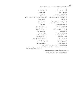 144
Revised Scheme and Syllabus for CSS Competitive Examination
11‫ﻼم‬ ‫ﺟﻮ‬ ‫ﺮﯾﻢ‬ ‫ﺷﺎھﮫ‬‫ﻮ‬ ‫ﭘﻮ‬ ‫داﺋﻮد‬ ‫ﺮ‬ ‫ڊا‬
12‫ﻼم‬ ‫ﺟﻮ‬ ‫ﺳﭽﻞ‬‫اﻧﺼﺎري‬ ‫ﻋﺜﻤﺎن‬
13‫ﺻﻨﻔﻮن‬ ‫ﺟﻮن‬ ‫ﺷﺎﻋﺮي‬ ‫ﺳﻨﮅي‬‫ﻋﺒﺎﺳﻲ‬ ‫ﻇﻔﺮ‬
14‫ﺗﺎرﯾﺦ‬ ‫ﻣﺨﺘﺼﺮ‬ ‫ﺟﻲ‬ ‫ادب‬ ‫۽‬ ‫ﭔﻮﻟﻲ‬ ‫ﺳﻨﮅي‬‫ﺮاﭼﻲ‬ ‫ﻮر‬ ‫اﺳ‬ ‫ﺎﭠﯿﺎواڙ‬ :‫ﭘﺒﻠﺸﺮ‬ ‫ﺷﯿﺦ‬ ‫ﻋﺰﯾﺰ‬ ‫ﻃﺎرق‬
15‫ﻣﻘﺎﻻ‬ ‫ﭼﺎر‬‫ﻋﺮﺳﺎﭨﻲ‬ ‫اﺳﻤﺎﻋﯿﻞ‬
16‫ﺟﺎﺋﺰو‬ ‫ﺗﺤﻘﯿﻘﻲ‬ ‫ﺟﻮ‬ ‫ادب‬ ‫ﻟﻮڪ‬ ‫ﺳﻨﮅي‬‫ﻋﺒﺪا‬‫ﺳﻨﺪﯾﻠﻮ‬ ‫ﺮﯾﻢ‬ ‫ﻟ‬
17‫ﺗﺎرﯾﺦ‬ ‫ﺟﻲ‬ ‫ادب‬ ‫ﺳﻨﮅي‬‫ﻣﻼح‬ ‫ﻣﺨﺘﯿﺎر‬
18‫ﮭﺎﭨﯿﻮن‬ ‫ﻟﻮڪ‬ ‫ﺳﻨﮅي‬‫ﺑﻠﻮچ‬ ‫ﺑﺨﺶ‬ ‫ﻧﺒﻲ‬ ‫ﺮ‬ ‫ڊا‬
19(‫ﺘﺎب‬ ‫ﺟﻮ‬ ‫)ﻣﻀﻤﻮﻧﻦ‬ ‫ﺎر‬ ‫ھﭕ‬‫ﺷﻮق‬ ‫ﻋﻠﻲ‬ ‫ﻧﻮاز‬ ‫ﺮ‬ ‫ڊا‬
20‫اﻓﺴﺎﻧﻮ‬ ‫ﺳﻨﮅي‬‫ﺧﺎن‬ ‫راﻧﺠﮭﮡ‬ ‫ﻣﯿﻤﮡ‬
21‫ﺗﺎرﯾﺦ‬ ‫ﺟﻲ‬ ‫ﻧﺜﺮ‬ ‫ﺳﻨﮅي‬‫ﺎﭨﻲ‬ ‫ﻣﻠ‬ ‫ﻣﻨﮕﮭﺎرام‬
22‫اﻓﺴﺎﻧﺎ‬ ‫ﺳﻨﮅي‬ ‫ﭼﻮﻧ‬‫اﻻﻧﺎ‬ ‫ﻋﻠﻲ‬ ‫ﻏﻼم‬ ‫ﺮ‬ ‫ڊا‬
23‫ﺳﭽ‬‫ﺳﭻ‬ ‫ﺳﺎرو‬ ‫ﻞ‬‫ﺷﻮق‬ ‫ﻋﻠﻲ‬ ‫ﻧﻮاز‬ ‫ﺮ‬ ‫ڊا‬ :‫ﻣﺮﺗﺐ‬
24‫ﻣﻮر‬ ‫ﺟﺎ‬ َ‫ء‬‫ﭽﮭﺮي‬‫و‬ ‫ﭴﺎﻣ‬ ‫ﻤﺎل‬ ‫ﺮ‬ ‫ڊا‬
25‫اﭜﯿﺎس‬ ‫ﺷﺎﻋﺮاﭨﻮ‬‫و‬ ‫ﮐﮭ‬ ‫ﻣﻨﻈﻮر‬ ‫ﭘﺮوﻓﯿﺴﺮ‬
26‫ﺷﺎﻋﺮ‬ ‫ﺻﻮﻓﻲ‬ ‫ﺟﺎ‬ ‫ﭔﻮﻟﯿﻦ‬ ‫ﺴﺘﺎﻧﻲ‬ ‫ﭘﺎ‬ ‫۽‬ ‫ﺎﺋﻲ‬ ‫ﭜ‬ ‫ﻋﺒﺪاﻟﻠﻄﯿﻒ‬ ‫ﺷﺎھﮫ‬
(‫ﺷﯿﺦ‬ ‫ﻋﺰﯾﺰ‬ ‫ﻃﺎرق‬ ‫۽‬ ‫و‬ ‫ﭴﺎﻣ‬ ‫ﻤﺎل‬ )
15.‫ﺗﺮﺟﻤﻮ‬ ‫۾‬ ‫اﻧﮕﺮﯾﺰي‬ ‫ﺟﻮ‬ ‫ﻣﻀﻤﻮن‬ ‫ڏﻧﻞ‬ ‫۾‬ ‫ﺳﻨﮅي‬ (‫)اﻟﻒ‬
‫اﻧﮕﺮﯾ‬ (‫)ب‬‫ﺗﺮﺟﻤﻮ‬ ‫۾‬ ‫ﺳﻨﮅي‬ ‫ﺟﻮ‬ ‫ﭘﯿﺮاﮔﺮاف‬ ‫ڏﻧﻞ‬ ‫۾‬ ‫ﺰي‬
 