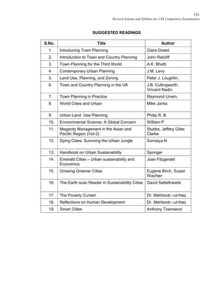151
Revised Scheme and Syllabus for CSS Competitive Examination
SUGGESTED READINGS
S.No. Title Author
1. Introducing Town Planning Clara Greed
2. Introduction to Town and Country Planning John Ratcliff
3. Town Planning for the Third World A.K. Bhatti
4. Contemporary Urban Planning J.M. Levy
5. Land Use, Planning, and Zoning Peter J. Loughlin,
6. Town and Country Planning in the UK J.B. Cullingworth,
Vincent Nadin
7. Town Planning in Practice Raymond Unwin,
8. World Cities and Urban Mike Janks
9. Urban Land Use Planning Philip R. B
10. Environmental Science: A Global Concern William P
11. Megacity Management in the Asian and
Pacific Region (Vol-2)
Stubbs, Jeffery Giles
Clarke
12. Dying Cities: Surviving the Urban Jungle Somaiya N
13. Handbook on Urban Sustainability Springer
14. Emerald Cities – Urban sustainability and
Economics
Joan Fitzgerald
15. Growing Greener Cities Eugene Birch, Susan
Wachter
16. The Earth scan Reader in Sustainability Cities David Sattethwaite
17. The Poverty Curtain Dr. Mehboob –ul-Haq
18. Reflections on Human Development Dr. Mehboob –ul-Haq
19. Smart Cities Anthony Townsend
 