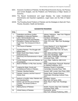 13
Revised Scheme and Syllabus for CSS Competitive Examination
XXVI. Economic Conditions of Pakistan, the Most Recent Economic Survey, the Previous
and Current Budgets, and the Problems and Performance of Major Sectors of
Economy.
XXVII. The Recent Constitutional and Legal Debates, the Latest Constitutional
Amendments and Important Legislations, Legal Cases and the Role of Higher
Courts.
XXVIII. The Prevailing Social Problems of Pakistan and the Strategies to Deal with Them,
Poverty, Education, Health and Sanitation.
SUGGESTED READINGS
S.No. Title Author
1. Federalism and Ethnic Conflict
Regulation in India and Pakistan.
Adeney, Katharine. , New York: Palgrave
Macmillan, 2007.
2. Labor, Democratization and
Development in India and Pakistan.
Candland, Christopher,
New York: Routledge, 2007.
3. Perception, Politics and Security in
South Asia: The Compound Crisis in
1990.
Chari, P.R. at al, New York: Routledge,
2003.
4. The Future of Pakistan. Cohen Stephen P. et al. Washington:
Brookings Institute Press, 2011.
5. Frontline Pakistan: The Struggle with
Militant Islam.
Hussian, Zahid. New York: I.B.Tauris,
2007.
6. Modern South Asia: History, Culture,
Political Economy.
Jalal, Aisha and Bose, Sugata.
New York: Routledge, 1998.
7. Democracy and Authoritarianism in South
Asia.
Jalal, Aisha, Cambridge: Cambridge
University Press, 1995.
8. Conflict Between India and Pakistan: an
Encyclopedia.
Lyon, Peter. California: ABC-CLIO,
2008.
9. Back to Pakistan: A Fifty Year Journey. Mass, Leslie Noyes. Plymouth: Rowman
& Littlefield Publishers, 2011.
10. Judging the State: Courts and
Constitutional Politics in Pakistan.
Newberg, Paula R. Cambridge:
Cambridge University Press, 1995.
11. Pakistan: Manifest Destiny. Qureshi, Atiff. London: Epic Press, 2009.
12. Pakistan, America, and the Future of
Global Jihad.
Riedel, Bruce. Deadly Embrace:
Washington: Brookings Institute Press,
2011.
13. Kashmir in Conflict: India, Pakistan and
the Unending War.
Schofield, Victoria.
New York: I.B.Tauria, 2003.
14. Islamic Law and the Law of Armed
Conflict: The Armed Conflict in
Pakistan.
Shah, Niaz A. New York: Routledge,
2011.
15. Making Sense of Pakistan. Shaikh, Farzana. New York: Colombia
University Press, 2009.
16. A Brief History of Pakistan. Wynbrandt, James.
New York: Infobase Publishing, 2009.
 