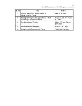 43
Revised Scheme and Syllabus for CSS Competitive Examination
S. No. Title Author
12. Carvan Textbook of Botany Paper “ A”
(Morphology of Plants)
Malik, T. A. 2006
13. Ecology (Principles and applications). 1st ed.
Cambridge University Press UK.
Chapman, J.L. and Reiss,
M.J. 1992.
14. Fundamentals of Ecology Odum, E.P. and Barrett,
G.W. 2004
15. Advanced Plant Taxonomy Mondal, A. K., 2009
16. Growth and Differentiation in Plants Phillips and Wareings
 