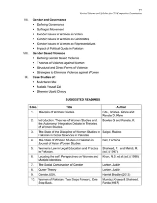 77
Revised Scheme and Syllabus for CSS Competitive Examination
VII. Gender and Governance
 Defining Governance
 Suffragist Movement
 Gender Issues in Women as Voters
 Gender Issues in Women as Candidates
 Gender Issues in Women as Representatives
 Impact of Political Quota in Pakistan
VIII. Gender Based Violence
 Defining Gender Based Violence
 Theories of Violence against Women
 Structural and Direct Forms of Violence
 Strategies to Eliminate Violence against Women
IX. Case Studies of:
 Mukhtaran Mai
 Mallala Yousaf Zai
 Shermin Ubaid Chinoy
SUGGESTED READINGS
S.No. Title Author
1. Theories of Women Studies Eds., Bowles. Gloria and
Renate D. Klein
2. Introduction: Theories of Women Studies and
the Autonomy/ Integration Debate in Theories
of Women Studies.
Bowles G and Renate, K.
3. The State of the Discipline of Women Studies in
Pakistan in Social Sciences in Pakistan
Saigol, Rubina
4. The State of Women Studies in Pakistan in
Journal of Asian Women Studies
Bari, Farzana
5. Women’s Law in Legal Education and Practice
in Pakistan.
Shaheed, F. and Mehdi, R.
(ed.) (1997)
6. Locating the self: Perspectives on Women and
Multiple Identities.
Khan, N.S. et al.(ed.) (1998)
7. The Social Construction of Gender Lorber, Judith
8. Queer Theory Lorber, Judith
9. Gender,USA, Harriet Bradley(2013)
10. Women of Pakistan: Two Steps Forward, One
Step Back.
Mumtaz,Khawar& Shaheed,
Farida(1987)
 