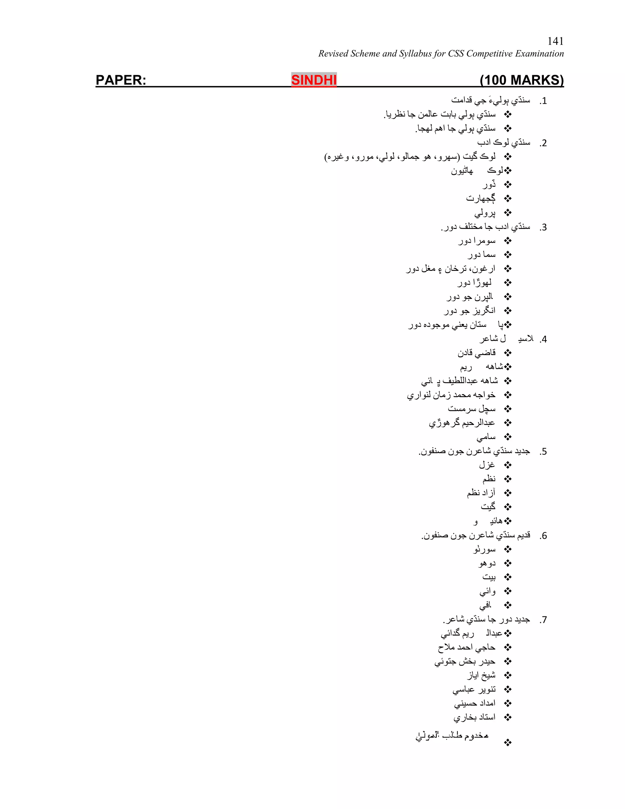 141
Revised Scheme and Syllabus for CSS Competitive Examination
PAPER: SINDHI (100 MARKS)
1.‫ﻗﺪاﻣﺖ‬ ‫ﺟﻲ‬ َ‫ء‬‫ﭔﻮﻟﻲ‬ ‫ﺳﻨﮅي‬
.‫ﻧﻈﺮﯾﺎ‬ ‫ﺟﺎ‬ ‫ﻋﺎﻟﻤﻦ‬ ‫ﺑﺎﺑﺖ‬ ‫ﭔﻮﻟﻲ‬ ‫ﺳﻨﮅي‬
.‫ﻟﮭﺠﺎ‬ ‫اھﻢ‬ ‫ﺟﺎ‬ ‫ﭔﻮﻟﻲ‬ ‫ﺳﻨﮅي‬
2.‫ادب‬ ‫ﻟﻮڪ‬ ‫ﺳﻨﮅي‬
(‫وﻏﯿﺮه‬ ،‫ﻣﻮرو‬ ،‫ﻟﻮﻟﻲ‬ ،‫ﺟﻤﺎﻟﻮ‬ ‫ھﻮ‬ ،‫)ﺳﮭﺮو‬ ‫ﮔﯿﺖ‬ ‫ﻟﻮڪ‬
‫ﮭﺎﭨﯿﻮن‬ ‫ﻟﻮڪ‬
‫ڏور‬
‫ُﺠﮭﺎرت‬‫ﮘ‬
‫ﭘﺮوﻟﻲ‬
3..‫دور‬ ‫ﻣﺨﺘﻠﻒ‬ ‫ﺟﺎ‬ ‫ادب‬ ‫ﺳﻨﮅي‬
‫دور‬ ‫ﺳﻮﻣﺮا‬
‫دور‬ ‫ﺳﻤﺎ‬
‫دور‬ ‫ﻣﻐﻞ‬ ‫۽‬ ‫ﺗﺮﺧﺎن‬ ،‫ارﻏﻮن‬
‫دور‬ ‫ﻠﮭﻮڙا‬
‫ﺎﻟﭙﺮن‬‫دور‬ ‫ﺟﻮ‬
‫دور‬ ‫ﺟﻮ‬ ‫اﻧﮕﺮﯾﺰ‬
‫دور‬ ‫ﻣﻮﺟﻮده‬ ‫ﯾﻌﻨﻲ‬ ‫ﺴﺘﺎن‬ ‫ﭘﺎ‬
4.‫ﺷﺎﻋﺮ‬ ‫ﻞ‬ ‫ﻼﺳﯿ‬
‫ﻗﺎدن‬ ‫ﻗﺎﺿﻲ‬
‫ﺮﯾﻢ‬ ‫ﺷﺎھﮫ‬
‫ﺎﺋﻲ‬ ‫ﭜ‬ ‫ﻋﺒﺪاﻟﻠﻄﯿﻒ‬ ‫ﺷﺎھﮫ‬
‫ﻟﻨﻮاري‬ ‫زﻣﺎن‬ ‫ﻣﺤﻤﺪ‬ ‫ﺧﻮاﺟﮫ‬
‫ﺳﺮﻣﺴﺖ‬ ‫ﺳﭽﻞ‬
‫ﮔﺮھﻮڙي‬ ‫ﻋﺒﺪاﻟﺮﺣﯿﻢ‬
‫ﺳﺎﻣﻲ‬
5..‫ﺻﻨﻔﻮن‬ ‫ﺟﻮن‬ ‫ﺷﺎﻋﺮن‬ ‫ﺳﻨﮅي‬ ‫ﺟﺪﯾﺪ‬
‫ﻏﺰل‬
‫ﻧﻈﻢ‬
‫ﻧﻈﻢ‬ ‫آزاد‬
‫ﮔﯿﺖ‬
‫ﻮ‬ ‫ھﺎﺋﯿ‬
6..‫ﺻﻨﻔﻮن‬ ‫ﺟﻮن‬ ‫ﺷﺎﻋﺮن‬ ‫ﺳﻨﮅي‬ ‫ﻗﺪﯾﻢ‬
‫ﺳﻮرﭠﻮ‬
‫دوھﻮ‬
‫ﺑﯿ‬‫ﺖ‬
‫واﺋﻲ‬
‫ﺎﻓﻲ‬
7..‫ﺷﺎﻋﺮ‬ ‫ﺳﻨﮅي‬ ‫ﺟﺎ‬ ‫دور‬ ‫ﺟﺪﯾﺪ‬
‫ﮔﺪاﺋﻲ‬ ‫ﺮﯾﻢ‬ ‫ﻋﺒﺪاﻟ‬
‫ﻣﻼح‬ ‫اﺣﻤﺪ‬ ‫ﺣﺎﺟﻲ‬
‫ﺟﺘﻮﺋﻲ‬ ‫ﺑﺨﺶ‬ ‫ﺣﯿﺪر‬
‫اﯾﺎز‬ ‫ﺷﯿﺦ‬
‫ﻋﺒﺎﺳﻲ‬ ‫ﺗﻨﻮﯾﺮ‬
‫ﺣﺴﯿﻨﻲ‬ ‫اﻣﺪاد‬
‫ﺑﺨﺎري‬ ‫اﺳﺘﺎد‬

 