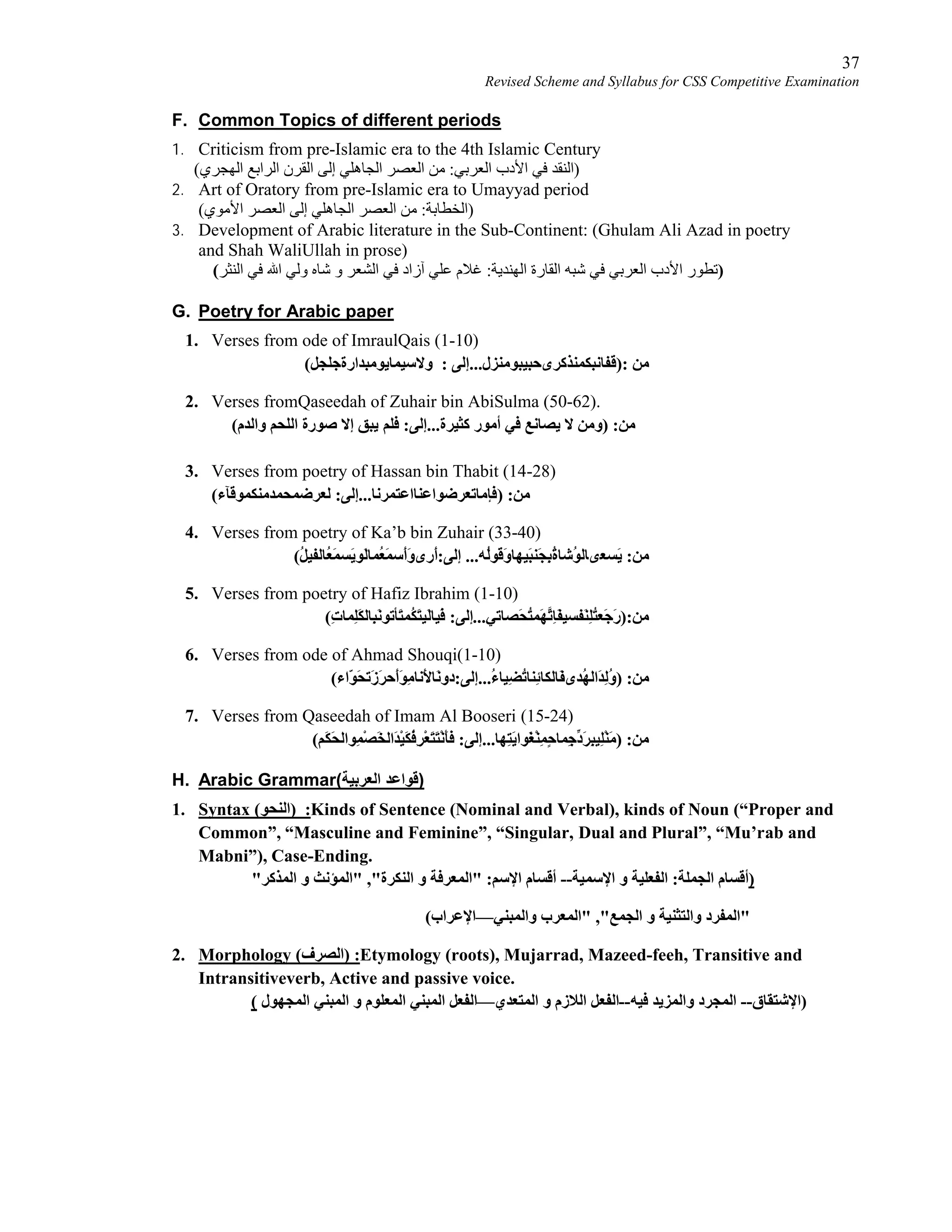 37
Revised Scheme and Syllabus for CSS Competitive Examination
F. Common Topics of different periods
1. Criticism from pre-Islamic era to the 4th Islamic Century
(‫اﻟﮭﺠﺮي‬ ‫اﻟﺮاﺑﻊ‬ ‫اﻟﻘﺮن‬ ‫إﻟﻰ‬ ‫اﻟﺠﺎھﻠﻲ‬ ‫اﻟﻌﺼﺮ‬ ‫ﻣﻦ‬ :‫اﻟﻌﺮﺑﻲ‬ ‫اﻷدب‬ ‫ﻓﻲ‬ ‫)اﻟﻨﻘﺪ‬
2. Art of Oratory from pre-Islamic era to Umayyad period
(‫اﻷﻣﻮي‬ ‫اﻟﻌﺼﺮ‬ ‫إﻟﻰ‬ ‫اﻟﺠﺎھﻠﻲ‬ ‫اﻟﻌﺼﺮ‬ ‫ﻣﻦ‬ :‫)اﻟﺨﻄﺎﺑﺔ‬
3. Development of Arabic literature in the Sub-Continent: (Ghulam Ali Azad in poetry
and Shah WaliUllah in prose)
)‫اﻟﻨﺜﺮ‬ ‫ﻓﻲ‬ ‫اﷲ‬ ‫وﻟﻲ‬ ‫ﺷﺎه‬ ‫و‬ ‫اﻟﺸﻌﺮ‬ ‫ﻓﻲ‬ ‫آزاد‬ ‫ﻋﻠﻲ‬ ‫ﻏﻼم‬ :‫اﻟﮭﻨﺪﯾﺔ‬ ‫اﻟﻘﺎرة‬ ‫ﺷﺒﮫ‬ ‫ﻓﻲ‬ ‫اﻟﻌﺮﺑﻲ‬ ‫اﻷدب‬ ‫ﺗﻄﻮر‬(
G. Poetry for Arabic paper
1. Verses from ode of ImraulQais (1-10)
‫ﻣﻦ‬):‫ﻗﻔﺎﻧﺒﻜﻤﻨﺬﻛﺮىﺤﺒﯿﺒﻮﻣﻨﺰل‬...‫إﻟﻰ‬:‫وﻻ‬‫ﺳﯿﻤﺎﯾﻮﻣﺒﺪارةﺟﻠﺠﻞ‬(
2. Verses fromQaseedah of Zuhair bin AbiSulma (50-62).
:‫ﻛﺜﯿﺮة...إﻟﻰ‬ ‫أﻣﻮر‬ ‫ﻓﻲ‬ ‫ﯾﺼﺎﻧﻊ‬ ‫ﻻ‬ ‫)وﻣﻦ‬ :‫ﻣﻦ‬‫واﻟﺪم‬ ‫اﻟﻠﺤﻢ‬ ‫ﺻﻮرة‬ ‫إﻻ‬ ‫ﯾﺒﻖ‬ ‫ﻓﻠﻢ‬(
3. Verses from poetry of Hassan bin Thabit (14-28)
(‫ﻟﻌﺮﺿﻤﺤﻤﺪﻣﻨﻜﻤﻮﻗﺂء‬ :‫)ﻓﺈﻣﺎﺗﻌﺮﺿﻮاﻋﻨﺎاﻋﺘﻤﺮﻧﺎ...إﻟﻰ‬ :‫ﻣﻦ‬
4. Verses from poetry of Ka’b bin Zuhair (33-40)
‫ﻣﻦ‬:‫َﯿﮭﺎ‬‫ﺒ‬‫َﻨ‬‫ﺠ‬ِ‫ﺑ‬ُ‫ة‬‫ُﺷﺎ‬‫ﻮ‬‫َﺴﻌىﺎﻟ‬‫ﯾ‬:‫إﻟﻰ‬ ...‫ُﮫ‬‫ﻟ‬‫َﻮ‬‫ﻗ‬َ‫و‬ُ‫ﻞ‬‫ُﺎﻟﻔﯿ‬‫ﻌ‬َ‫ﻤ‬‫َﺴ‬‫ﯾ‬‫َﻮ‬‫ﻟ‬‫ُﻤﺎ‬‫ﻌ‬َ‫ﻤ‬‫َﺳ‬‫أ‬َ‫ﻮ‬‫َرى‬‫أ‬(
5. Verses from poetry of Hafiz Ibrahim (1-10)
):‫ﻣﻦ‬‫َﺼﺎﺗﻲ‬‫ﺤ‬ُ‫ﺘ‬‫َﻤ‬‫ﮭ‬‫ﱠ‬‫ﺗ‬ِ‫ﺎ‬َ‫ﻔ‬‫َﻔﺴﯿ‬‫ﻨ‬ِ‫ﻠ‬ُ‫ﺘ‬‫َﻌ‬‫ﺟ‬َ‫ر‬:‫...إﻟﻰ‬ِ‫ت‬‫ِﻤﺎ‬‫ﻠ‬َ‫ﻜ‬‫ِﺎﻟ‬‫ﺒ‬َ‫ﻧ‬‫َﺄﺗﻮ‬‫ﺘ‬‫ُﻤ‬‫ﻜ‬َ‫ﺘ‬‫َﯿ‬‫ﻟ‬‫َﯿﺎ‬‫ﻓ‬(
6. Verses from ode of Ahmad Shouqi(1-10)
) :‫ﻣﻦ‬ُ‫ء‬‫ِﯿﺎ‬‫ﻀ‬ُ‫ﺗ‬‫ِﻨﺎ‬‫ﺋ‬‫َﺎﻟﻜﺎ‬‫ﻔ‬‫ُﺪى‬‫ﮭ‬‫َاﻟ‬‫ﺪ‬ِ‫ﻟ‬ُ‫و‬:‫...إﻟﻰ‬‫َﺗ‬‫ز‬َ‫ﺮ‬‫َﺣ‬‫أ‬َ‫ﻮ‬ِ‫ﻣ‬‫َﻧﺎ‬‫ﻷ‬‫َﺎ‬‫ﻧ‬‫دو‬(‫ّاء‬‫ﻮ‬َ‫ﺤ‬
7. Verses from Qaseedah of Imam Al Booseri (15-24)
) :‫ﻣﻦ‬‫ِﮭﺎ‬‫ﺘ‬َ‫ﯾ‬‫َﻮا‬‫ﻐ‬ْ‫ﻨ‬ِ‫ﻤ‬ٍ‫ﺣ‬‫ِﻤﺎ‬‫ﺟ‬‫ﱢ‬‫د‬َ‫ﺮ‬ِ‫ﺒ‬‫ِﯿ‬‫ﻠ‬ْ‫ﻨ‬َ‫ﻣ‬:‫...إﻟﻰ‬َ‫ﻜ‬َ‫ﺤ‬‫ِﻮاﻟ‬‫ﻤ‬ْ‫ﺼ‬َ‫ﺨ‬‫َاﻟ‬‫ﺪ‬ْ‫ﯿ‬َ‫ﻜ‬ُ‫ﻓ‬ِ‫ﺮ‬ْ‫ﻌ‬َ‫ﺘ‬َ‫ﺘ‬ْ‫ﻧ‬َ‫ﺄ‬‫ﻓ‬(‫ﻢ‬
H. Arabic Grammar(‫اﻟﻌﺮﺑﯿﺔ‬ ‫)ﻗﻮاﻋﺪ‬
1. Syntax (‫)اﻟﻨﺤﻮ‬ :Kinds of Sentence (Nominal and Verbal), kinds of Noun (“Proper and
Common”, “Masculine and Feminine”, “Singular, Dual and Plural”, “Mu’rab and
Mabni”), Case-Ending.
)‫اﻹﺳﻤﯿﺔ‬ ‫و‬ ‫اﻟﻔﻌﻠﯿﺔ‬ :‫اﻟﺠﻤﻠﺔ‬ ‫أﻗﺴﺎم‬--‫"اﻟﻤﺆﻧﺚ‬ ,"‫اﻟﻨﻜﺮة‬ ‫و‬ ‫"اﻟﻤﻌﺮﻓﺔ‬ :‫اﻹﺳﻢ‬ ‫أﻗﺴﺎم‬"‫اﻟﻤﺬﻛﺮ‬ ‫و‬
‫واﻟﻤﺒﻨﻲ‬ ‫"اﻟﻤﻌﺮب‬ ,"‫اﻟﺠﻤﻊ‬ ‫و‬ ‫واﻟﺘﺜﻨﯿﺔ‬ ‫"اﻟﻤﻔﺮد‬—(‫اﻹﻋﺮاب‬
2. Morphology (‫)اﻟﺼﺮف‬ :Etymology (roots), Mujarrad, Mazeed-feeh, Transitive and
Intransitiveverb, Active and passive voice.
( ‫اﻟﻤﺠﮭﻮل‬ ‫اﻟﻤﺒﻨﻲ‬ ‫و‬ ‫اﻟﻤﻌﻠﻮم‬ ‫اﻟﻤﺒﻨﻲ‬ ‫اﻟﻤﺘﻌﺪي—اﻟﻔﻌﻞ‬ ‫و‬ ‫اﻟﻼزم‬ ‫ﻓﯿﮫ--اﻟﻔﻌﻞ‬ ‫واﻟﻤﺰﯾﺪ‬ ‫اﻟﻤﺠﺮد‬ --‫)اﻹﺷﺘﻘﺎق‬
 