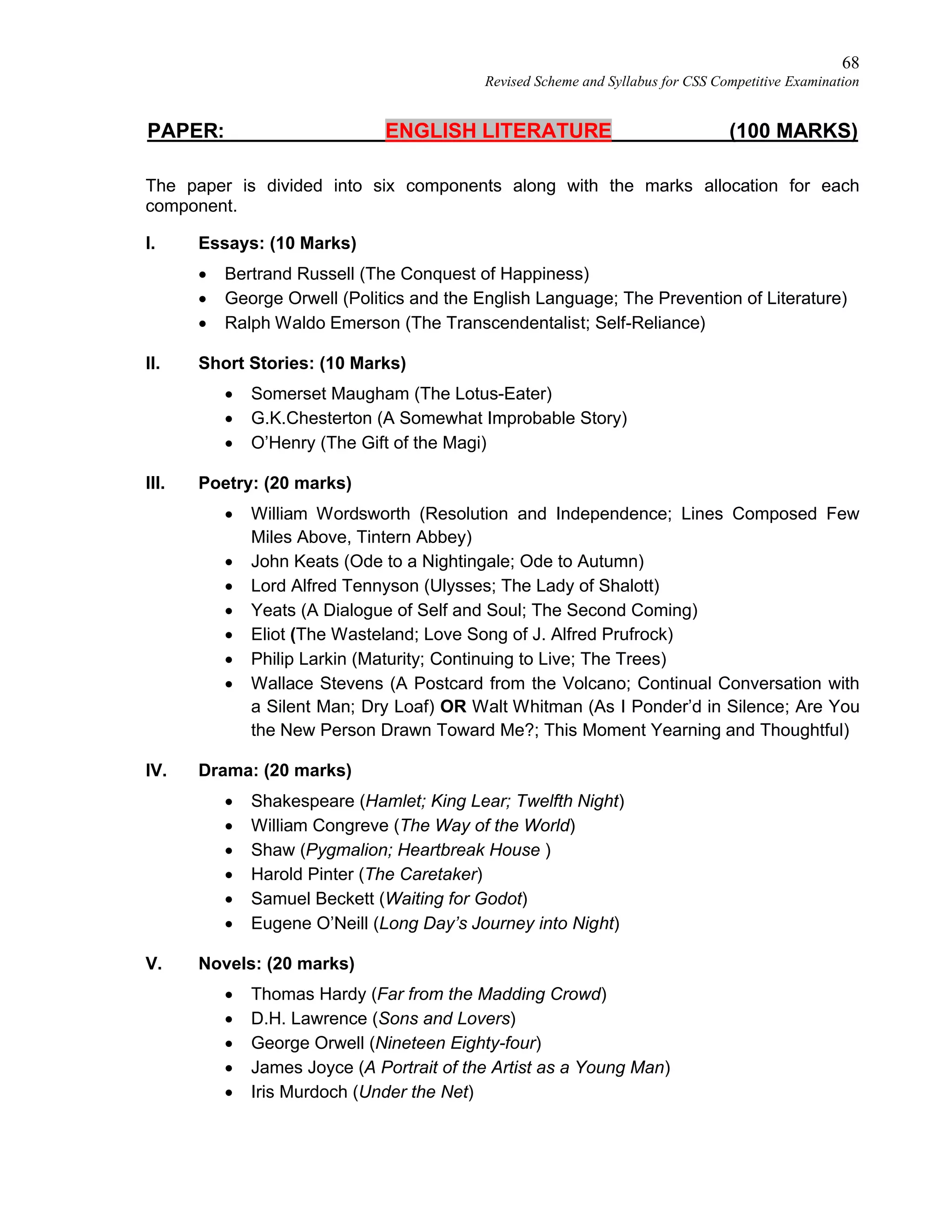 68
Revised Scheme and Syllabus for CSS Competitive Examination
PAPER: ENGLISH LITERATURE (100 MARKS)
The paper is divided into six components along with the marks allocation for each
component.
I. Essays: (10 Marks)
 Bertrand Russell (The Conquest of Happiness)
 George Orwell (Politics and the English Language; The Prevention of Literature)
 Ralph Waldo Emerson (The Transcendentalist; Self-Reliance)
II. Short Stories: (10 Marks)
 Somerset Maugham (The Lotus-Eater)
 G.K.Chesterton (A Somewhat Improbable Story)
 O’Henry (The Gift of the Magi)
III. Poetry: (20 marks)
 William Wordsworth (Resolution and Independence; Lines Composed Few
Miles Above, Tintern Abbey)
 John Keats (Ode to a Nightingale; Ode to Autumn)
 Lord Alfred Tennyson (Ulysses; The Lady of Shalott)
 Yeats (A Dialogue of Self and Soul; The Second Coming)
 Eliot (The Wasteland; Love Song of J. Alfred Prufrock)
 Philip Larkin (Maturity; Continuing to Live; The Trees)
 Wallace Stevens (A Postcard from the Volcano; Continual Conversation with
a Silent Man; Dry Loaf) OR Walt Whitman (As I Ponder’d in Silence; Are You
the New Person Drawn Toward Me?; This Moment Yearning and Thoughtful)
IV. Drama: (20 marks)
 Shakespeare (Hamlet; King Lear; Twelfth Night)
 William Congreve (The Way of the World)
 Shaw (Pygmalion; Heartbreak House )
 Harold Pinter (The Caretaker)
 Samuel Beckett (Waiting for Godot)
 Eugene O’Neill (Long Day’s Journey into Night)
V. Novels: (20 marks)
 Thomas Hardy (Far from the Madding Crowd)
 D.H. Lawrence (Sons and Lovers)
 George Orwell (Nineteen Eighty-four)
 James Joyce (A Portrait of the Artist as a Young Man)
 Iris Murdoch (Under the Net)
 