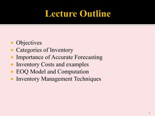 






Objectives
Categories of Inventory
Importance of Accurate Forecasting
Inventory Costs and examples
EOQ Model and Computation
Inventory Management Techniques

2

 