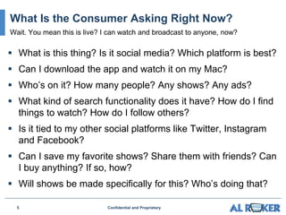  What is this thing? Is it social media? Which platform is best?
 Can I download the app and watch it on my Mac?
 Who’s on it? How many people? Any shows? Any ads?
 What kind of search functionality does it have? How do I find
things to watch? How do I follow others?
 Is it tied to my other social platforms like Twitter, Instagram
and Facebook?
 Can I save my favorite shows? Share them with friends? Can
I buy anything? If so, how?
 Will shows be made specifically for this? Who’s doing that?
5 Confidential and Proprietary
What Is the Consumer Asking Right Now?
Wait. You mean this is live? I can watch and broadcast to anyone, now?
 