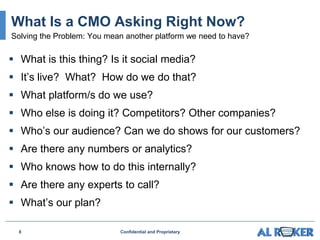  What is this thing? Is it social media?
 It’s live? What? How do we do that?
 What platform/s do we use?
 Who else is doing it? Competitors? Other companies?
 Who’s our audience? Can we do shows for our customers?
 Are there any numbers or analytics?
 Who knows how to do this internally?
 Are there any experts to call?
 What’s our plan?
8 Confidential and Proprietary
What Is a CMO Asking Right Now?
Solving the Problem: You mean another platform we need to have?
 