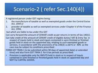 Scenario-2 ( refer Sec.140(4))
A registered person under GST regime being:
1. the manufacture of taxable as well as exempted goods under the Central Excise
Act, 1944 or
2. provider of taxable as well as exempted services under Chapter V of the Finance
Act, 1994,
but which are liable to tax under this GST
Can carry forward the amount of CENVAT credit as per returns in terms of Sec.140(1) .
Can take credit of the amount of CENVAT credit of eligible duties/ VAT & Entry Tax in
respect of inputs held in stock and inputs contained in semi-finished or finished
goods held in stock on the appointed day, relating to such exempted goods or
services, in accordance with the provisions of Se.140(3) i.e.60 % or 40% as the
case may be subject to conditions prescribed .
FORM GST TRAN-1 to be submitted within 90 days of appointed date( or extended
time) and also Form GST TRAN-2 for 6 tax periods as prescribed.
• Provision is applicable only for INPUTS held in stock or in respect of inputs
contained in semi finished or finished goods held in stock on appointed day and
NOT For CAPITAL GOODS.
 