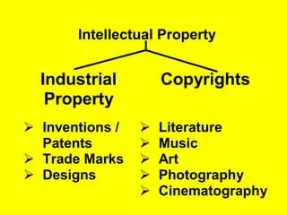 Intellectual Property
Industrial
Property
Copyrights
 Inventions /
Patents
 Trade Marks
 Designs
 Literature
 Music
...