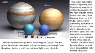 This shows the relative
size of the planets, with
Venus being very much
smaller than Jupiter. To
the right of Earth here is
Venus, then Mars, then
Mercury, then tiny little
Pluto. Conventional
astronomy holds that all
of our sun’s planets have
always been here, for
billions of years, and that
their orbits around the
sun have never changed
by the tiniest little bit.
The idea that Venus could
be only a few thousand
years old was taken to be
beyond ridiculous.
Velikovsky then scoured world mythology for “proof” that the
planet Venus had been seen, in human memory, to emerge from
the planet Jupiter – both tiny points of light in our night sky.
 