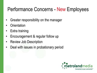 Performance Concerns - New Employees
•    Greater responsibility on the manager
•    Orientation
•    Extra training
•    Encouragement & regular follow up
•    Review Job Description
•    Deal with issues in probationary period
 
