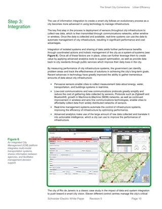 The Smart City Cornerstone: Urban Efficiency
Schneider Electric White Paper Revision 0 Page 10
The use of information integration to create a smart city follows an evolutionary process as a
city becomes more advanced in using technology to manage infrastructure.
The key first step in the process is deployment of sensors throughout city infrastructure to
collect raw data, which is then transmitted through communications networks, either wireline
or wireless. Once the data is collected and available, real-time systems can use the data to
automate management of city infrastructure, resulting in significant performance and cost
advantages.
Integration of isolated systems and sharing of data yields further performance benefits
through coordinated actions and holistic management of the city as a system-of-systems (see
Figure 6). Once all of these factors are in place, cities can further leverage them to create
value by applying advanced analytics tools to support optimization, as well as provide data
back to city residents through public services which improve their daily lives in the city.
By measuring performance of city infrastructure systems, the government can identify
problem areas and track the effectiveness of solutions in achieving the city’s long-term goals.
Recent advances in technology have greatly improved the ability to gather tremendous
amounts of data about city infrastructure:
• Pervasive sensors enable cities to collect measurement data about energy, water,
transportation, and buildings systems in real-time.
• Low-cost communications and new communications protocols greatly simplify and
reduce the cost of gathering data collected by sensors. Protocols such as Zigbee® and
Bluetooth®, growth in Machine-to-Machine (M2M) networks, as well as continued
improvement in wireless and wire line communications technologies, enable cities to
affordably collect data from widely distributed networks of sensors.
• Real-time management systems automate the control of infrastructure systems,
improving the efficiency of infrastructure by optimizing performance.
• Advanced analytics make use of the large amount of raw data collected and translate it
into actionable intelligence, which a city can use to improve the performance of
infrastructure.
The city of Rio de Janeiro is a classic case study in the impact of data and system integration
to push toward a smart city vision. Eleven different control centres manage the city’s critical
Step 3:
Integration
Figure 6
An Integrated City
Management (ICM) platform
integrates multi-modal
transportation systems,
shares information between
agencies, and facilitates
management decision
support.
 
