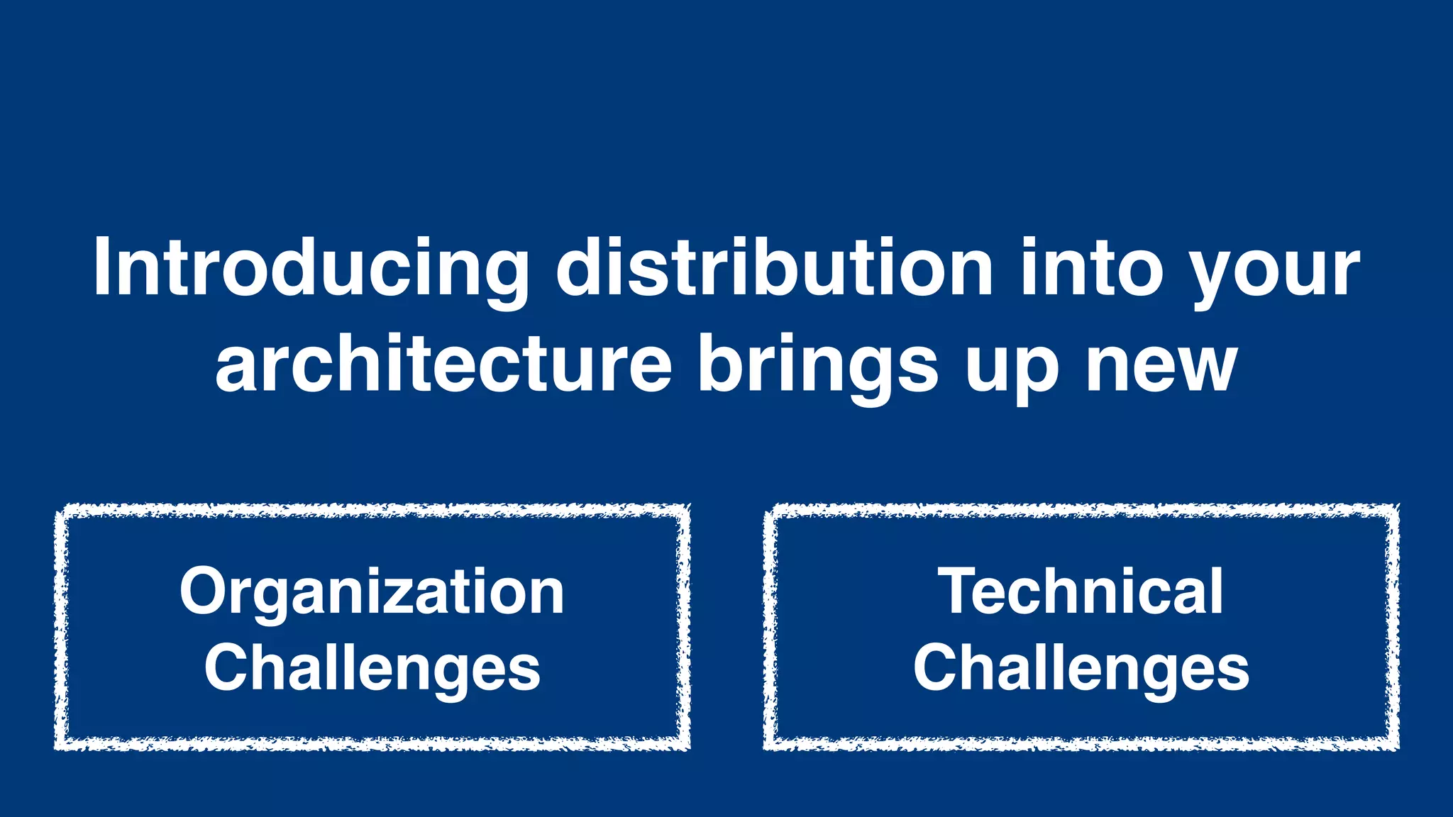 Technical
Challenges
Organization
Challenges
Introducing distribution into your
architecture brings up new
 