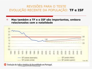 REVISÕES PARA O TESTE EVOLUÇÃO RECENTE DA POPULAÇÃO:  TF e ISF Mas também a TF e o ISF são importantes, embora relacionados com a natalidade 