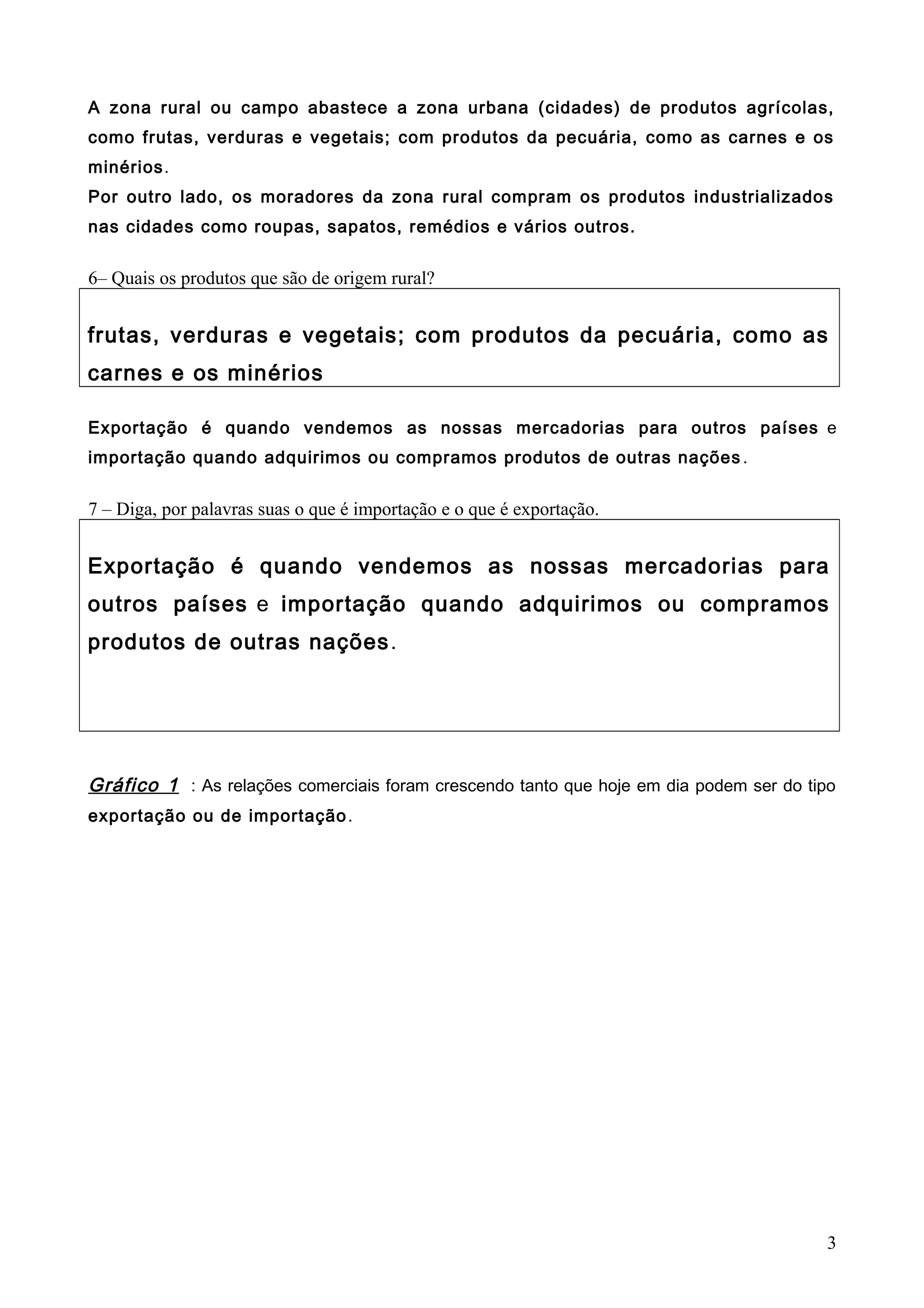 A zona rural ou campo abastece a zona urbana (cidades) de produtos agrícolas,
como frutas, verduras e vegetais; com produtos da pecuária, como as carnes e os
minérios.
Por outro lado, os moradores da zona rural compram os produtos industrializados
nas cidades como roupas, sapatos, remédios e vários outros.

6– Quais os produtos que são de origem rural?

frutas, verduras e vegetais; com produtos da pecuária, como as
carnes e os minérios
Exportação é quando vendemos as nossas mercadorias para outros países e
importação quando adquirimos ou compramos produtos de outras nações .

7 – Diga, por palavras suas o que é importação e o que é exportação.

Exportação é quando vendemos as nossas mercadorias para
outros países e importação quando adquirimos ou compramos
produtos de outras nações .

Gráfico 1 : As relações comerciais foram crescendo tanto que hoje em dia podem ser do tipo
exportação ou de importação .

3

 