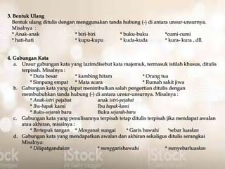 3. Bentuk Ulang
Bentuk ulang ditulis dengan menggunakan tanda hubung (-) di antara unsur-unsurnya.
Misalnya :
* Anak-anak * biri-biri * buku-buku *cumi-cumi
* hati-hati * kupu-kupu * kuda-kuda * kura- kura , dll.
4. Gabungan Kata
a. Unsur gabungan kata yang lazimdisebut kata majemuk, termasuk istilah khusus, ditulis
terpisah. Misalnya :
* Duta besar * kambing hitam * Orang tua
* Simpang empat * Mata acara * Rumah sakit jiwa
b. Gabungan kata yang dapat menimbulkan salah pengertian ditulis dengan
membubuhkan tanda hubung (-) di antara unsur-unsurnya. Misalnya :
* Anak-istri pejabat anak istri-pejabat
* Ibu-bapak kami Ibu bapak-kami
* Buku-sejarah baru Buku sejarah-baru
c. Gabungan kata yang penulisannya terpisah tetap ditulis terpisah jika mendapat awalan
atau akhiran, misalnya :
* Bertepuk tangan * Menganak sungai * Garis bawahi *sebar luaskan
d. Gabungan kata yang mendapatkan awalan dan akhiran sekaligus ditulis serangkai
Misalnya:
* Dilipatgandakan * menggarisbawahi * menyebarluaskan
 
