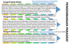Paragraf Sebab-Akibat
Memberikan pendidikan antikorupsi kepada anak-anak sangatlah penting dilakukan dalam
upaya pencegahan korupsi di negara ini. Dengan pemberian pendidikan antikorupsi, anak-
anak akan mampu memahami dampak buruk korupsi dan enggan untuk melakukan tindak
pidana tersebut saat mereka beranjak dewasa nanti. Oleh karena itu, pendidikan
antikorupsi kepada anak-anak sangat penting dilakukan agar nantinya mereka tidak
melakukan tindak pidana korupsi mereka saat dewasa nanti
Paragraf Contoh-contoh
Dalam lingkup kecil korupsi ada diberbagai sendi kehidupan masyarakat. Sebagai contoh
dalam tata kelola birokrasi kelurahan. Seseorang hendak memperpanjang masa berlaku
kartu tanda penduduk (KTP) di kantor kelurahan setempat. Dalam prosesi pembuatan KTP
tersebut, pihak kelurahan mengambil pungutan dengan dalih biaya administrasi. Hal ini
tidak dibenarkan dan tindakan semacam ini tergolong ke dalam perilaku korupsi.
Paragraf Definisi Luas
Korupsi adalah salah satu hal yang paling ampuh dalam membunuh bangsa sendiri. Hal ini
karena korupsi biasanya di lakukan oleh orang yang ada di dalam bangsa itu sendiri.
Korupsi dilakukan demi memenuhi kepentingan sendiri dan memerkaya diri sendiri. Ini
adalah hal yang salah, karena bisa menghancurkan bangsa sendiri. Namun, di kehidupan
nyata korupsi belum di hukum seadil-adilnya.
https://writeitbrief.wordpress.com/2013/01/05/
pengembangan-paragraf-secara-alamiah/
(Ratna Sumarni. Pendidikan Dan Budaya Antikorupsi
di Rumah Hingga Sekolah. 3 Januari 2016)
(Yuliani Musfikoh. https://materibelajar.co.id/ 29 Januari 2020)
 