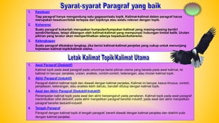 1. Kesatuan
Tiap paragraf hanya mengandung satu gagasan/satu topik. Kalimat-kalimat dalam paragraf harus
merupakan kesatuan/tidak terlepas dari topiknya atau selalu relevan dengan topik.
2. Koherensi
Suatu paragraf bukanlah merupakan kumpulan/tumpukan kalimat yang masing-masing berdiri
sendiri/terlepas, tetapi dibangun oleh kalimat-kalimat yang mempunyai hubungan timbal balik. Urutan
pikiran yang teratur akan memperlihatkan adanya kepaduan/koherensi.
3. Kelengkapan
Suatu paragraf dikatakan lengkap, jika berisi kalimat-kalimat penjelas yang cukup untuk menunjang
kejelasan kalimat topik/kalimat utama.
1. Awal Paragraf (Deduktif)
Kalimat topik pada awal paragraf pada umumnya berisi pikiran utama yang berada pada awal kalimat. Isi
kalimat ini berupa: penjelas, uraian, analisis, contoh-contoh, keterangan, atau rincian kalimat topik.
2. Akhir Paragraf (induktif)
Paragraf diakhiri kalimat topik dan diawali dengan kalimat penjelas. Kalimat ini berupa: kasus khusus, contoh,
penjelasan, keterangan, atau analisis lebih dahulu, barulah ditutup dengan kalimat topik.
3. Awal dan Akhir Paragraf (Deduktif-Induktif)
Penempatan kalimat topik pada awal dan akhir berpengaruh pada penalaran. Kalimat topik pada awal paragraf
menimbulkan sifat deduktif, pada akhir menjadikan paragraf bersifat induktif, pada awal dan akhir menjadikan
paragraf bersifat deduktif-induktif.
4. Tengah Paragraf
Paragraf dengan kalimat topik di tengah paragraf, berarti diawali dengan kalimat penjelas dan diakhiri pula
dengan kalimat penjelas.
 