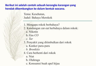 Berikut ini adalah contoh sebuah kerangka karangan yang
hendak dikembangkan ke dalam bentuk wacana.
Tema: Kesehatan,
Judul: Bahaya Merokok
1. Mengapa rokok berbahaya?
2. Kandungan zat-zat berbahaya dalam rokok:
a. Nikotin
b. Gas CO
c. Tar
3. Penyakit yang ditimbulkan dari rokok
a. Kanker paru-paru
b. Bronkitis
4. Cara berhenti dari rokok
a. Niat
b. Olahraga
c. Konsumsi buah apel hijau
 